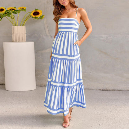 Robe longue d'été à bretelles, imprimée et rayée, avec poches, col carré et dos nu, idéale pour les vacances à la plage. Vêtements pour femmes